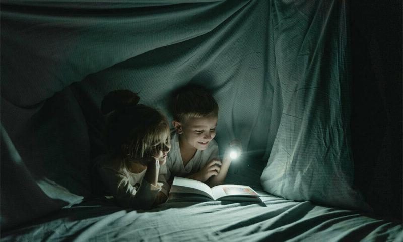 孩子们在毯子堡下面看书.